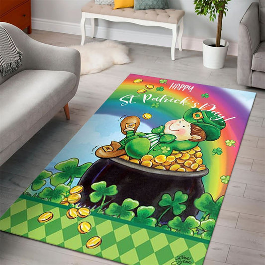 St Patrick's Day Pot of Gold Rug, St Patrick's Day Rug, Clover Rug For Irish Decor, Green Rug