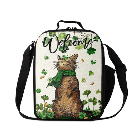 St Patrick's Day Welcome Cat And Shamrock Clover Lunch Bag, St Patrick's Day Lunch Box, St Patrick's Day Gift