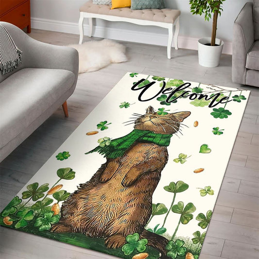 St Patrick's Day Welcome Cat And Shamrock Clover Rug, St Patrick's Day Rug, Clover Rug For Irish Decor, Green Rug