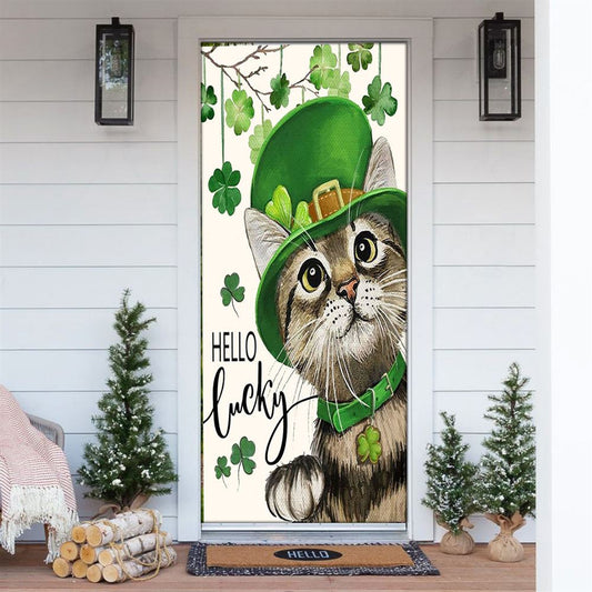 St Patricks Day Hello Lucky Kitten Cat And Shamrock Clover Door Cover, St Patrick's Day Door Cover, St Patrick's Day Door Decor, Irish Decor