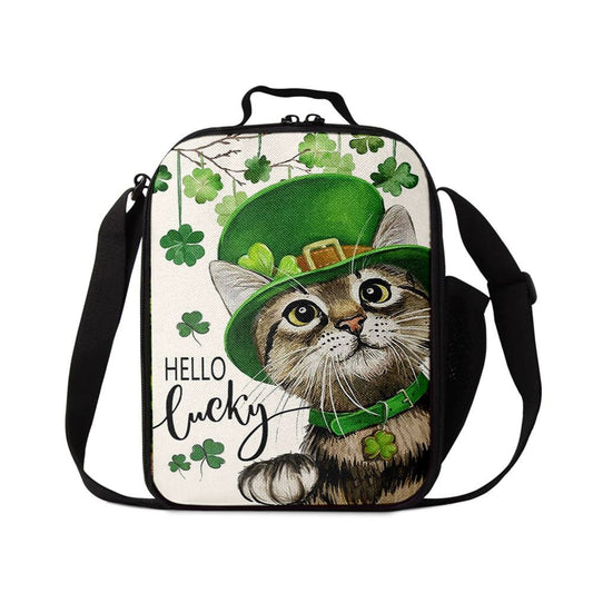 St Patricks Day Hello Lucky Kitten Cat And Shamrock Clover Lunch Bag, St Patrick's Day Lunch Box, St Patrick's Day Gift