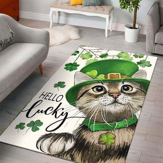 St Patricks Day Hello Lucky Kitten Cat And Shamrock Clover Rug, St Patrick's Day Rug, Clover Rug For Irish Decor, Green Rug