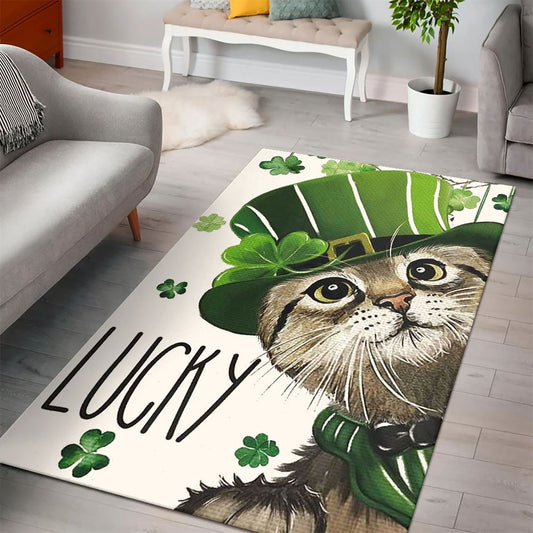 St Patricks Day Lucky Cat And Shamrock Clover Rug, St Patrick's Day Rug, Clover Rug For Irish Decor, Green Rug