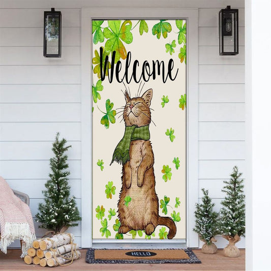 St Patricks Day Welcome Cat And Shamrock Clover Door Cover, St Patrick's Day Door Cover, St Patrick's Day Door Decor, Irish Decor
