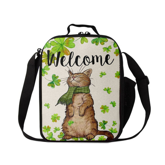 St Patricks Day Welcome Cat And Shamrock Clover Lunch Bag, St Patrick's Day Lunch Box, St Patrick's Day Gift