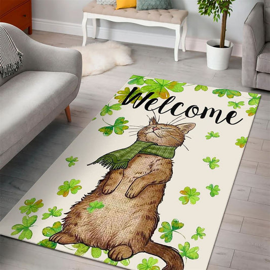 St Patricks Day Welcome Cat And Shamrock Clover Rug, St Patrick's Day Rug, Clover Rug For Irish Decor, Green Rug
