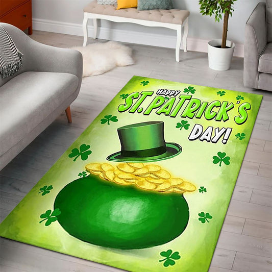 St Patty's Pot O' Gold Rug, St Patrick's Day Rug, Clover Rug For Irish Decor, Green Rug