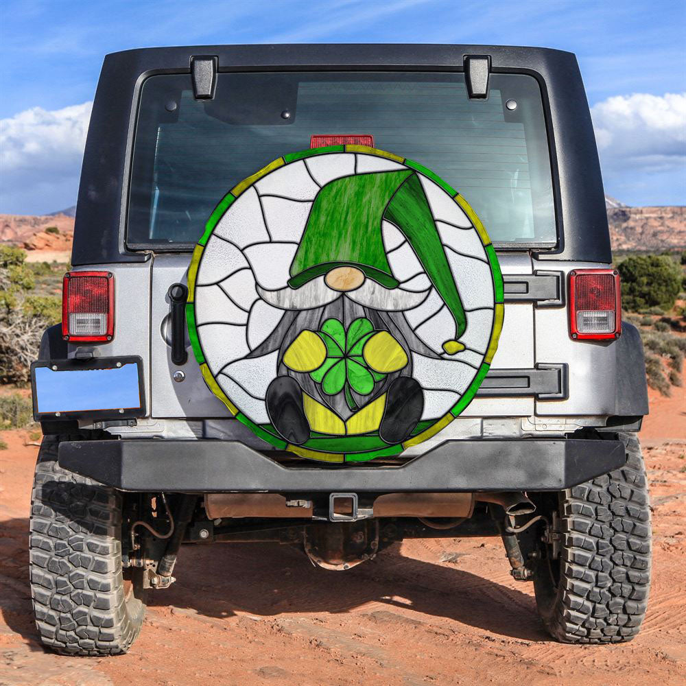 Stained Glass St Patrick Day Gnome Car Tire Cover, St Patrick's Day Car Tire Cover, Shamrock Spare Tire Cover Wrangler