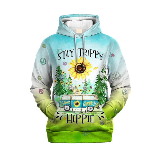 Stay Trippy Little Hippie Bus On The Road And Sunflower All Over Print 3D Hoodie For Men And Women, Hippie Gifts, Hippie Hoodie, Hippie Clothes