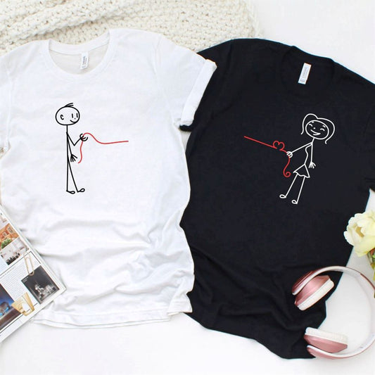 Stick Boy & Girl Heart Line Matching Outfits For Couples, Couple T Shirts, Valentine T-Shirt, Valentine Day Gift