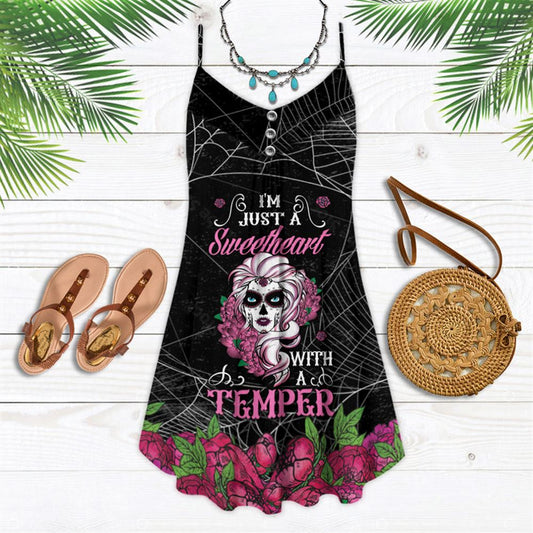 Sugar Skull Im Just A Sweetheart With A Temper Spaghetti Strap Summer Dress For Women On Beach Vacation, Hippie Dress, Hippie Beach Outfit