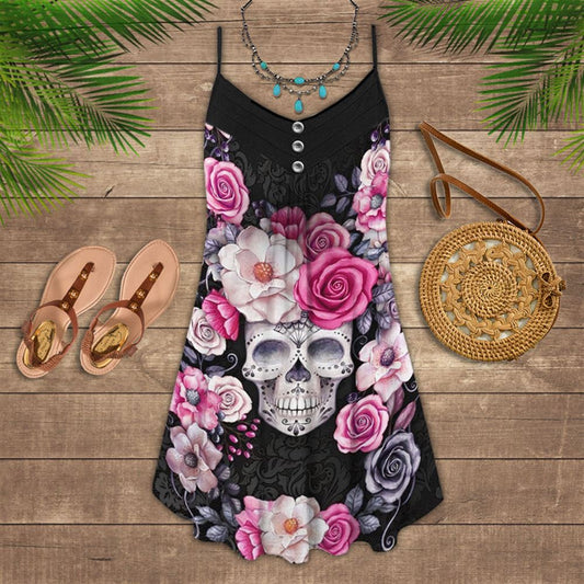 Sugar Skull Rose Spaghetti Strap Summer Dress For Women On Beach Vacation, Hippie Dress, Hippie Beach Outfit