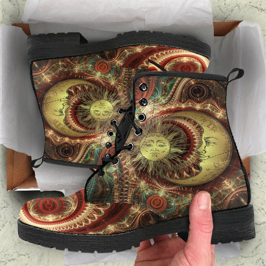 Sun And Moon Fractal Mandala Leather Boots For Men And Women, Gift For Hippie Lovers, Hippie Boots, Lace Up Boots
