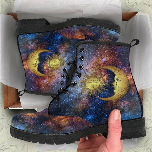 Sun And Moon Galaxy Leather Boots For Men And Women, Gift For Hippie Lovers, Hippie Boots, Lace Up Boots