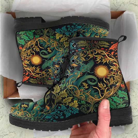 Sun And Moon Jungle Art Leather Boots For Men And Women, Gift For Hippie Lovers, Hippie Boots, Lace Up Boots