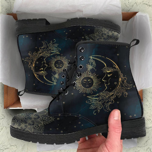 Sun And Moon Leather Boots For Men And Women, Gift For Hippie Lovers, Hippie Boots, Lace Up Boots