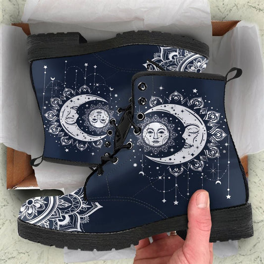Sun And Moon Mandala Leather Boots For Men And Women, Gift For Hippie Lovers, Hippie Boots, Lace Up Boots