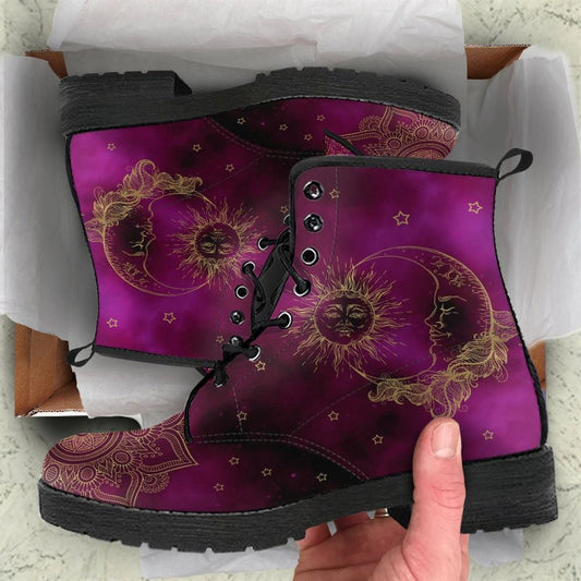Sun And Moon Purple Mandala Leather Boots For Men And Women, Gift For Hippie Lovers, Hippie Boots, Lace Up Boots