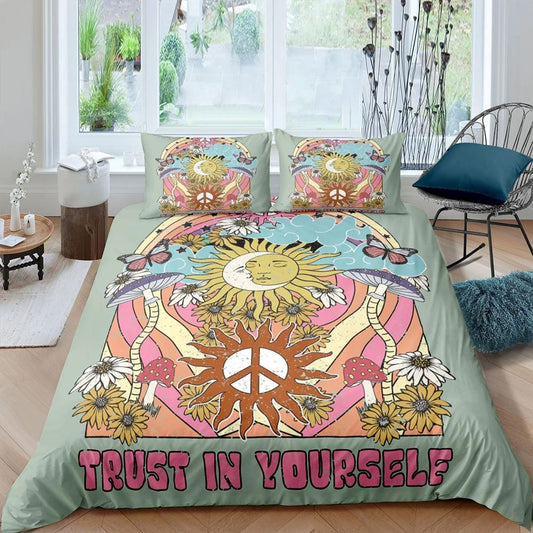 Sun And Moon Trust In Yourself Hippie Quilt Bedding Set, Boho Bedding Set, Soft Comfortable Quilt, Hippie Home Decor