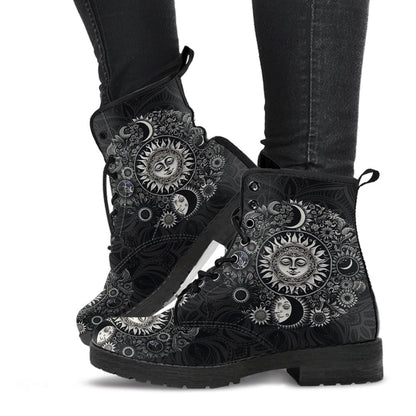 Sun And Moon Witchy Leather Boots For Men And Women, Gift For Hippie Lovers, Hippie Boots, Lace Up Boots