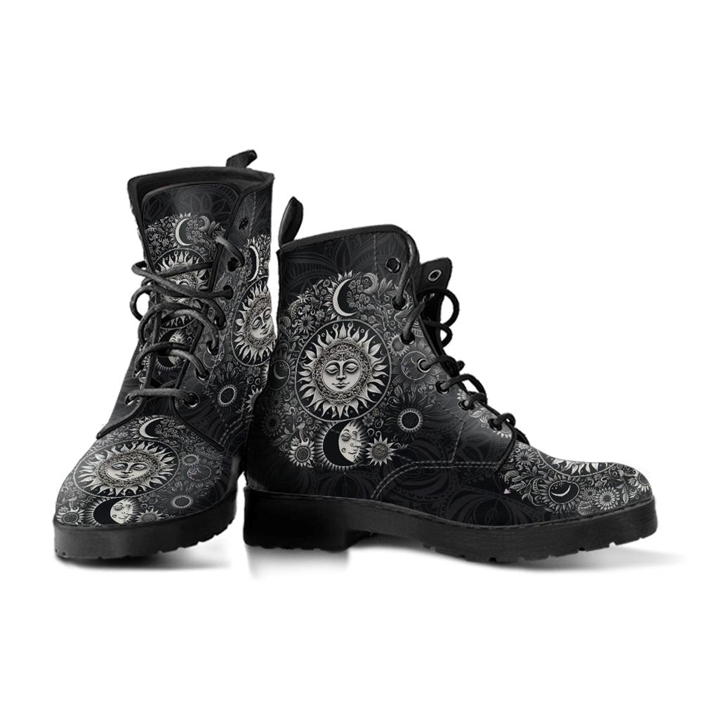 Sun And Moon Witchy Leather Boots For Men And Women, Gift For Hippie Lovers, Hippie Boots, Lace Up Boots
