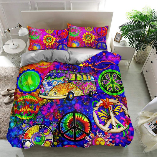 Sun Bus Tie Dye Hippie Quilt Bedding Set, Boho Bedding Set, Soft Comfortable Quilt, Hippie Home Decor
