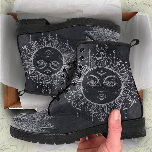 Sun Lotus Leather Boots For Men And Women, Gift For Hippie Lovers, Hippie Boots, Lace Up Boots