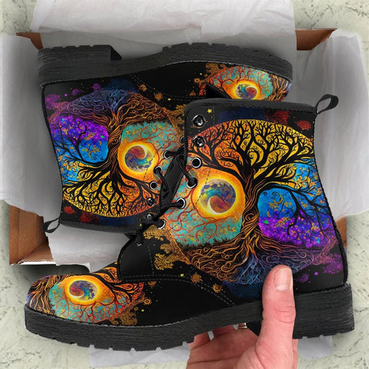 Sun Tree Of Life Leather Boots For Men And Women, Gift For Hippie Lovers, Hippie Boots, Lace Up Boots
