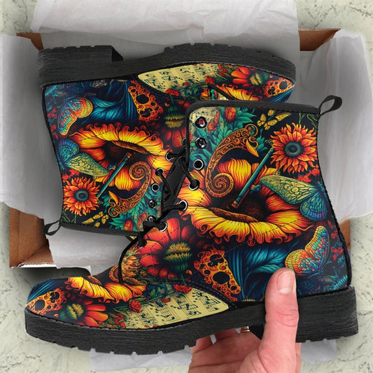 Sunflower Butterflies Leather Boots For Men And Women, Gift For Hippie Lovers, Hippie Boots, Lace Up Boots