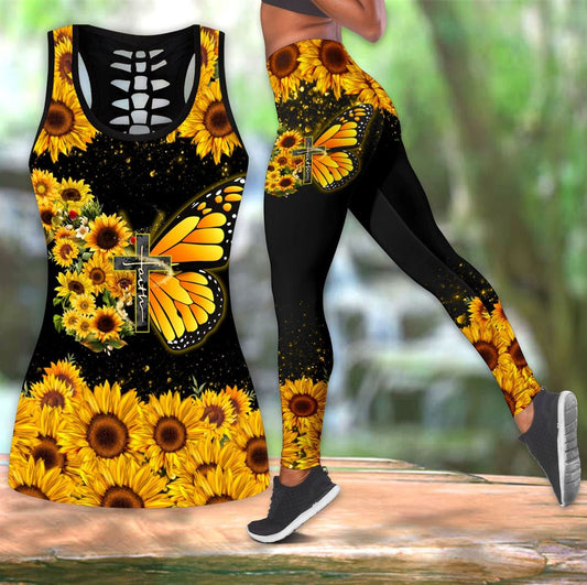 Sunflower Butterfly Cross Hollow Tanktop Leggings, Sports Clothes Style Hippie For Women, Gift For Yoga Lovers