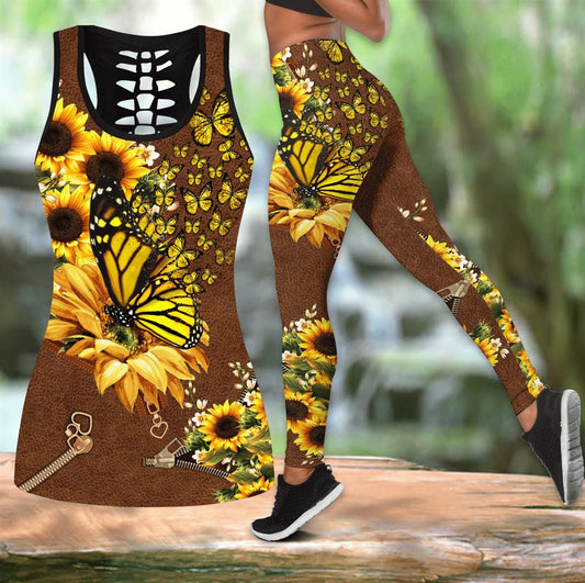 Sunflower Butterfly Hollow Tanktop Leggings, Sports Clothes Style Hippie For Women, Gift For Yoga Lovers