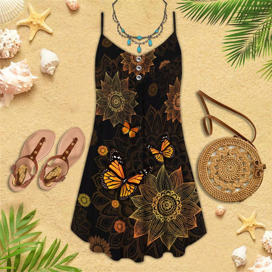 Sunflower Butterfly Mandala Spaghetti Strap Summer Dress For Women On Beach Vacation, Hippie Dress, Hippie Beach Outfit