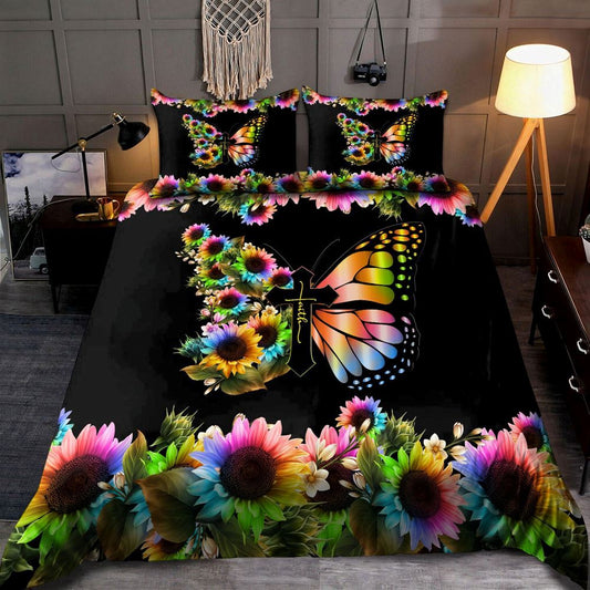 Sunflower Butterfly Quilt Bedding Set, Boho Bedding Set, Soft Comfortable Quilt, Hippie Home Decor