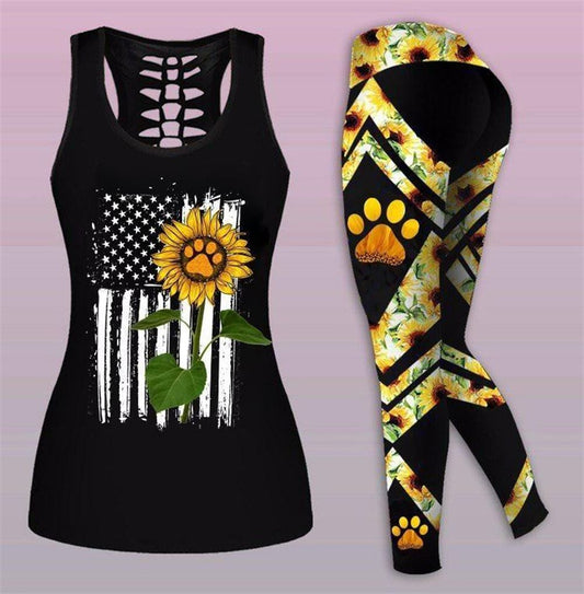 Sunflower Dog Mom Hollow Tanktop Leggings, Sports Clothes Style Hippie For Women, Gift For Yoga Lovers