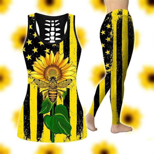 Sunflower Hippie Bee Hollow Tanktop Leggings, Sports Clothes Style Hippie For Women, Gift For Yoga Lovers