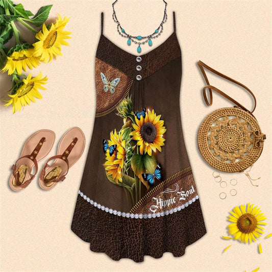 Sunflower Hippie Soul Leather Style Spaghetti Strap Summer Dress For Women On Beach Vacation, Hippie Dress, Hippie Beach Outfit