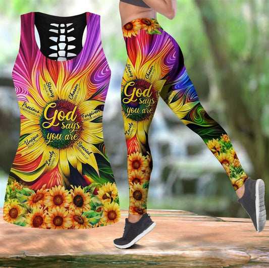 Sunflower Hollow Tanktop Leggings, Sports Clothes Style Hippie For Women, Gift For Yoga Lovers