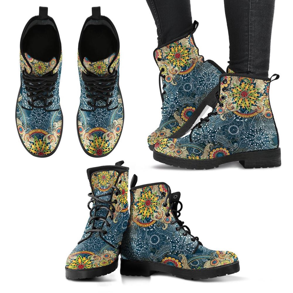 Sunflower Mandala Leather Boots For Men And Women, Gift For Hippie Lovers, Hippie Boots, Lace Up Boots