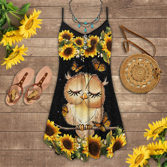 Sunflower Owl Spaghetti Strap Summer Dress For Women On Beach Vacation, Hippie Dress, Hippie Beach Outfit