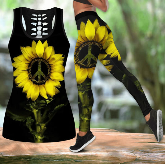 Sunflower Peace Hollow Tanktop Leggings, Sports Clothes Style Hippie For Women, Gift For Yoga Lovers