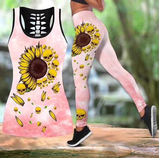 Sunflower Skull Tattoo Hollow Tanktop Leggings, Sports Clothes Style Hippie For Women, Gift For Yoga Lovers