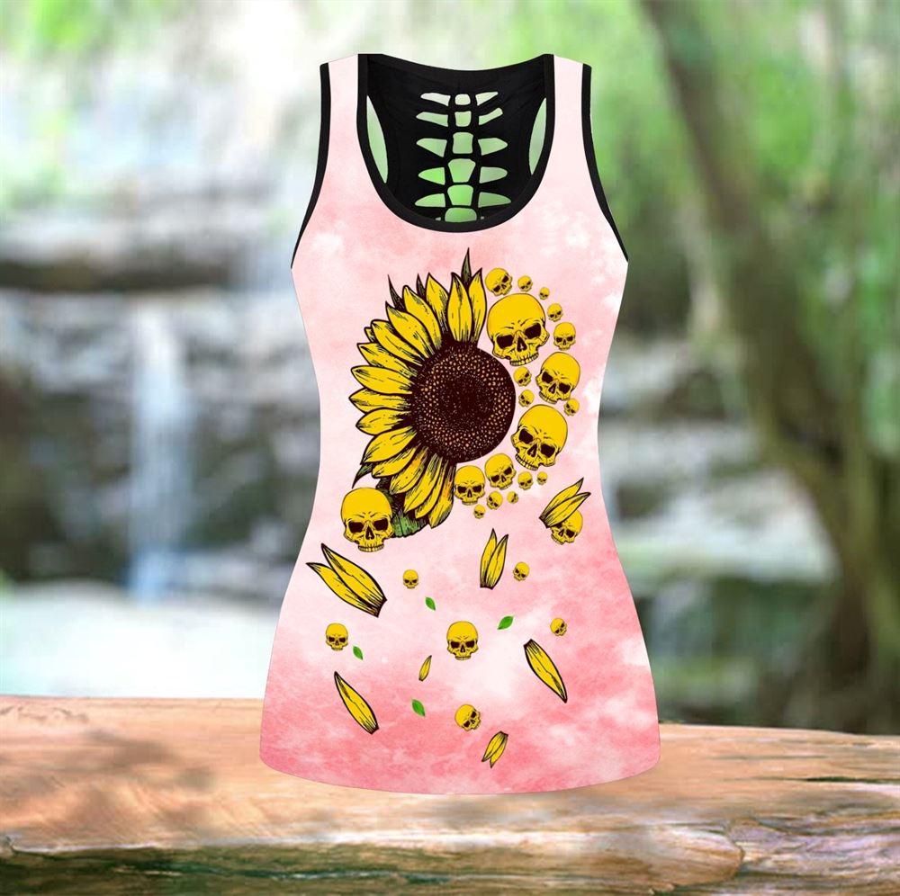 Sunflower Skull Tattoo Hollow Tanktop Leggings, Sports Clothes Style Hippie For Women, Gift For Yoga Lovers
