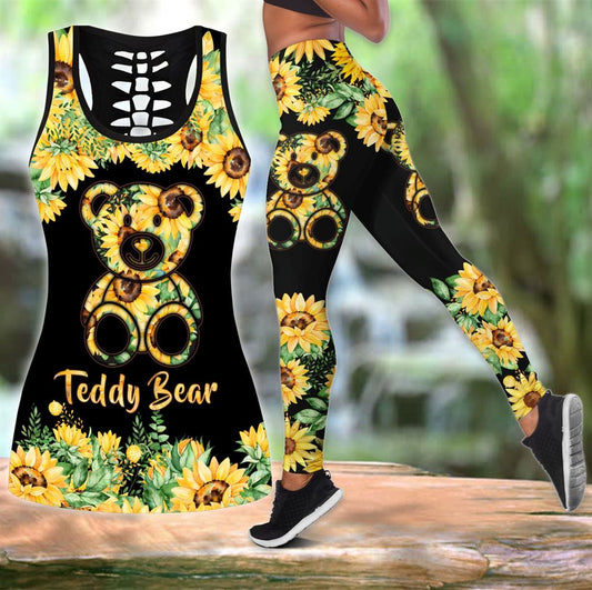 Sunflower Teddy Bear Hollow Tanktop Leggings, Sports Clothes Style Hippie For Women, Gift For Yoga Lovers