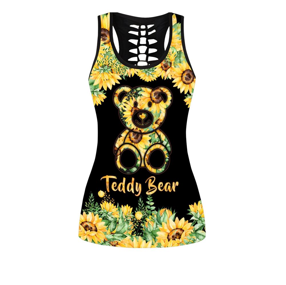 Sunflower Teddy Bear Hollow Tanktop Leggings, Sports Clothes Style Hippie For Women, Gift For Yoga Lovers
