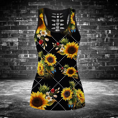 Sunflowers 3D Hollow Tanktop Leggings, Sports Clothes Style Hippie For Women, Gift For Yoga Lovers