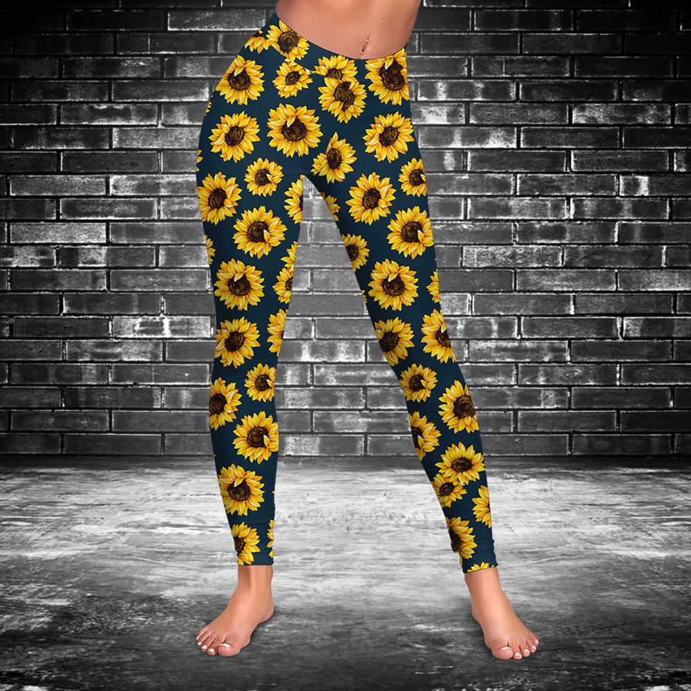 Sunflowers Dark Blue Hollow Tanktop Leggings, Sports Clothes Style Hippie For Women, Gift For Yoga Lovers