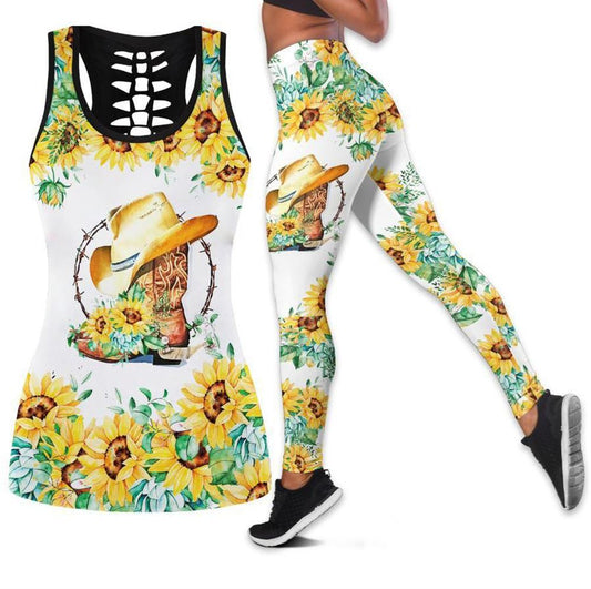 Sunflowers Hollow Tanktop Leggings, Sports Clothes Style Hippie For Women, Gift For Yoga Lovers