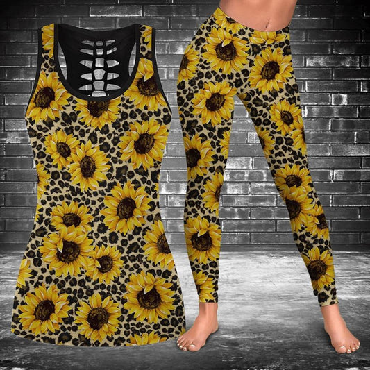 Sunflowers Leopard Skin Texture Hollow Tanktop Leggings, Sports Clothes Style Hippie For Women, Gift For Yoga Lovers