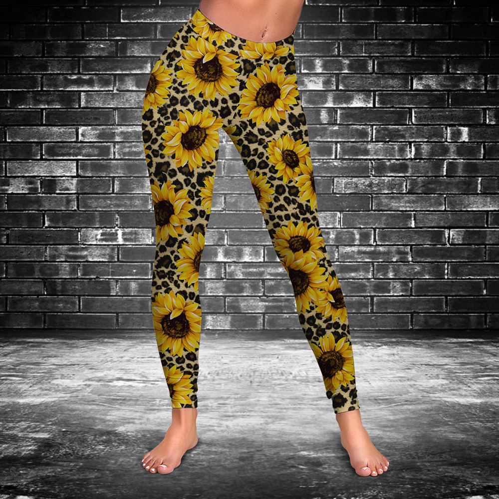 Sunflowers Leopard Skin Texture Hollow Tanktop Leggings, Sports Clothes Style Hippie For Women, Gift For Yoga Lovers