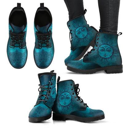 Teal Sun And Moon Leather Boots For Men And Women, Gift For Hippie Lovers, Hippie Boots, Lace Up Boots